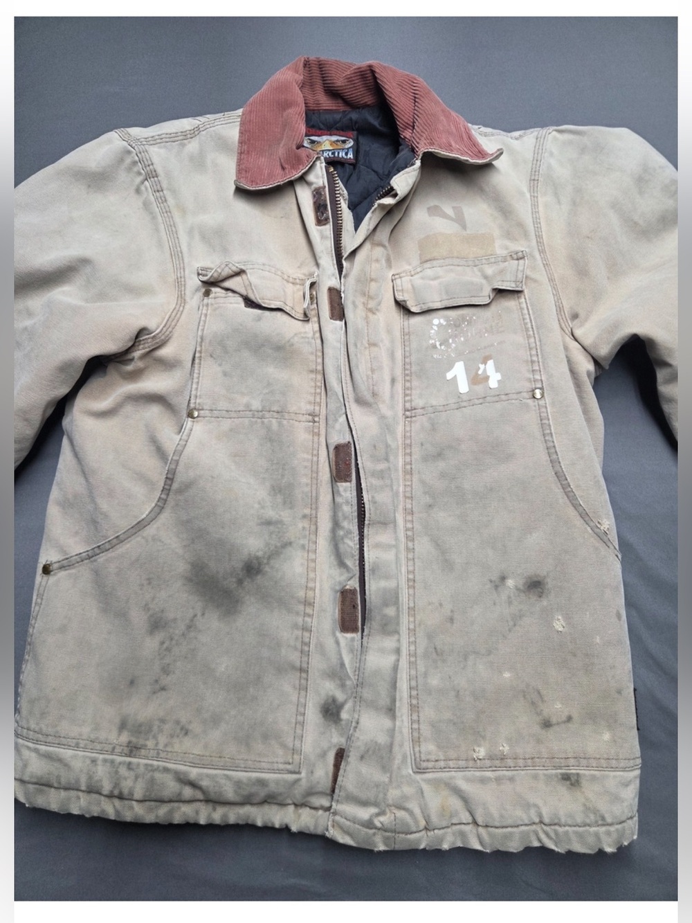 Thrashed, Vintage Worn Grungy Men's Heavy-Duty Work Jacket with Corduroy Collar